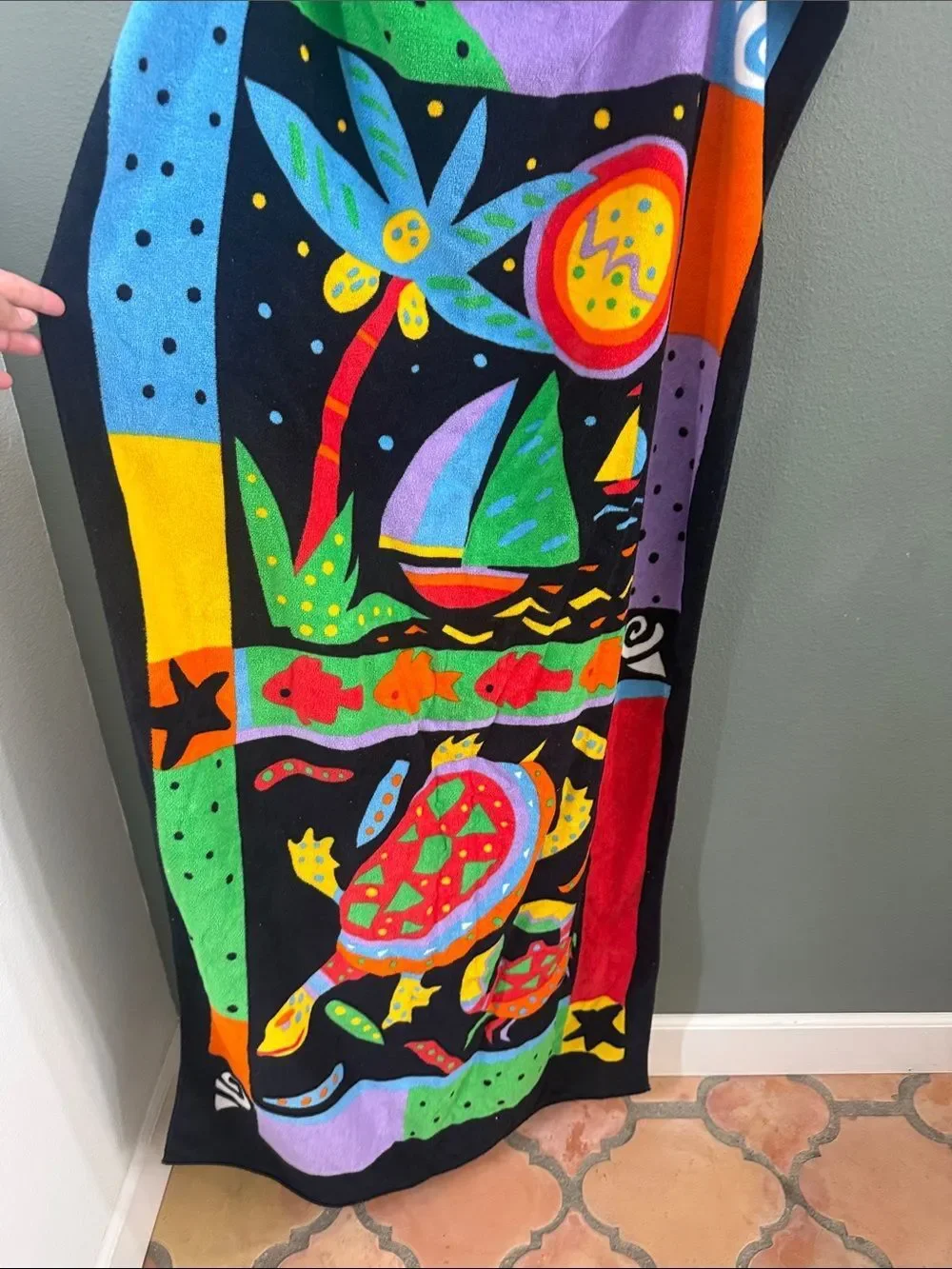 Terri-Torri Colorful Nautical Beach Towel with Sailboat and Sea Motifs NWOT
